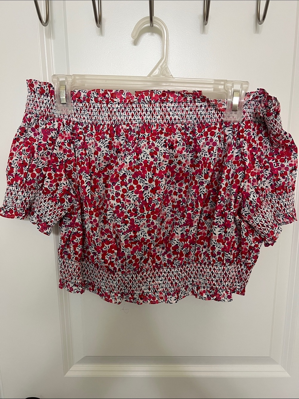 J. Crew Pink and White Floral Smocked Off-Shoulder Crop Top